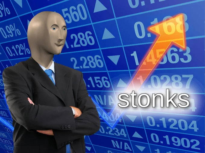 Canonical Stonks meme with 3D-rendered Meme Man in black business suit before blue stock display.