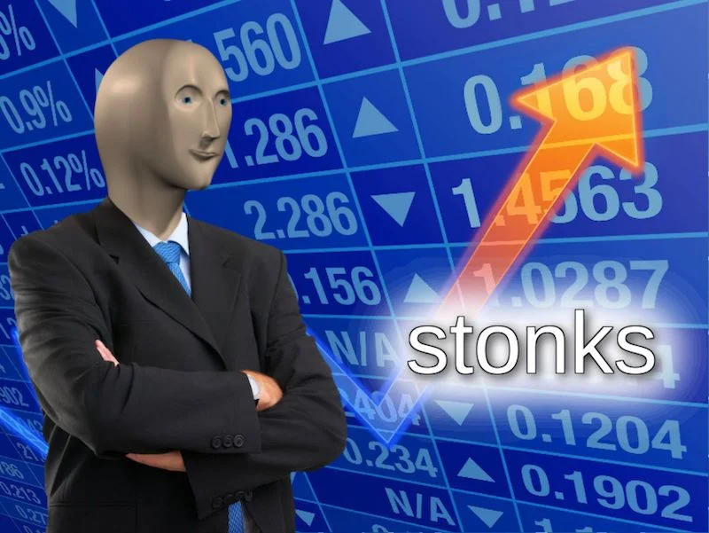 Original Stonks meme template showing Meme Man in business suit before blue stock display with orange upward arrow.