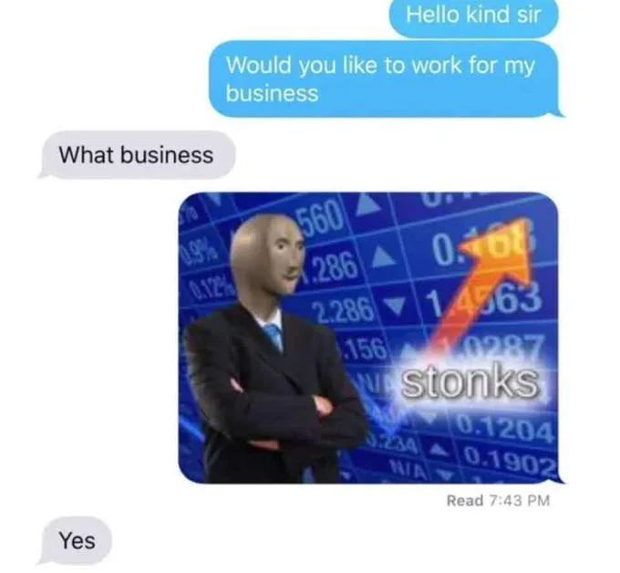 Stonks Meme Man standing in front of a stock board full of numbers and a rising arrow