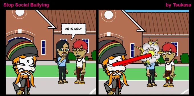 Stop Bullying Comics parody with cat-like character responding violently to being called ugly.