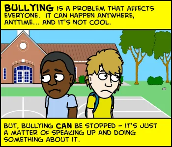 Authentic Stop Bullying Comics panel with yellow borders showing diverse characters and anti-bullying messaging.