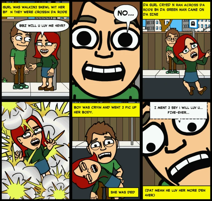 Stop Bullying Comics parody with Bitstrips characters and large stylized expressive face for humor.