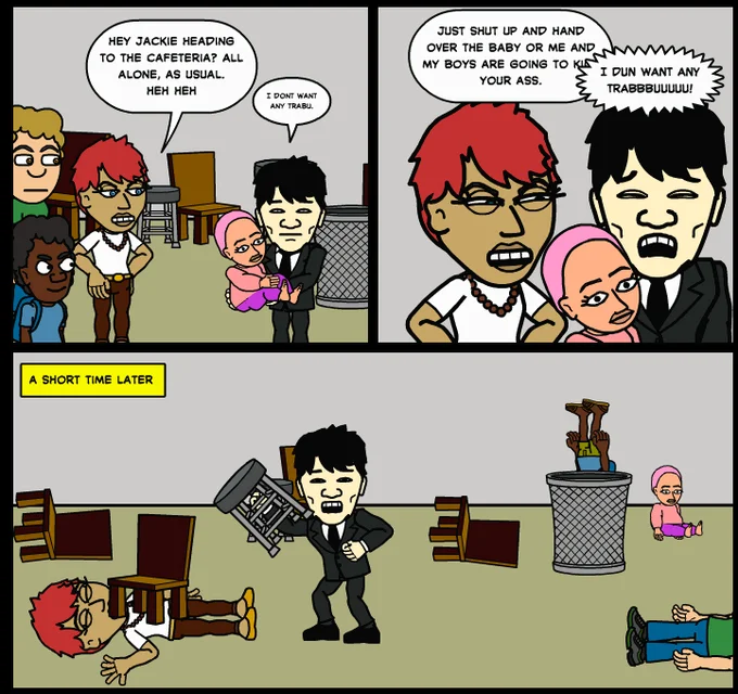 Multi-panel Stop Bullying Comics parody with Bitstrips-style characters in various scenes and dialogue.