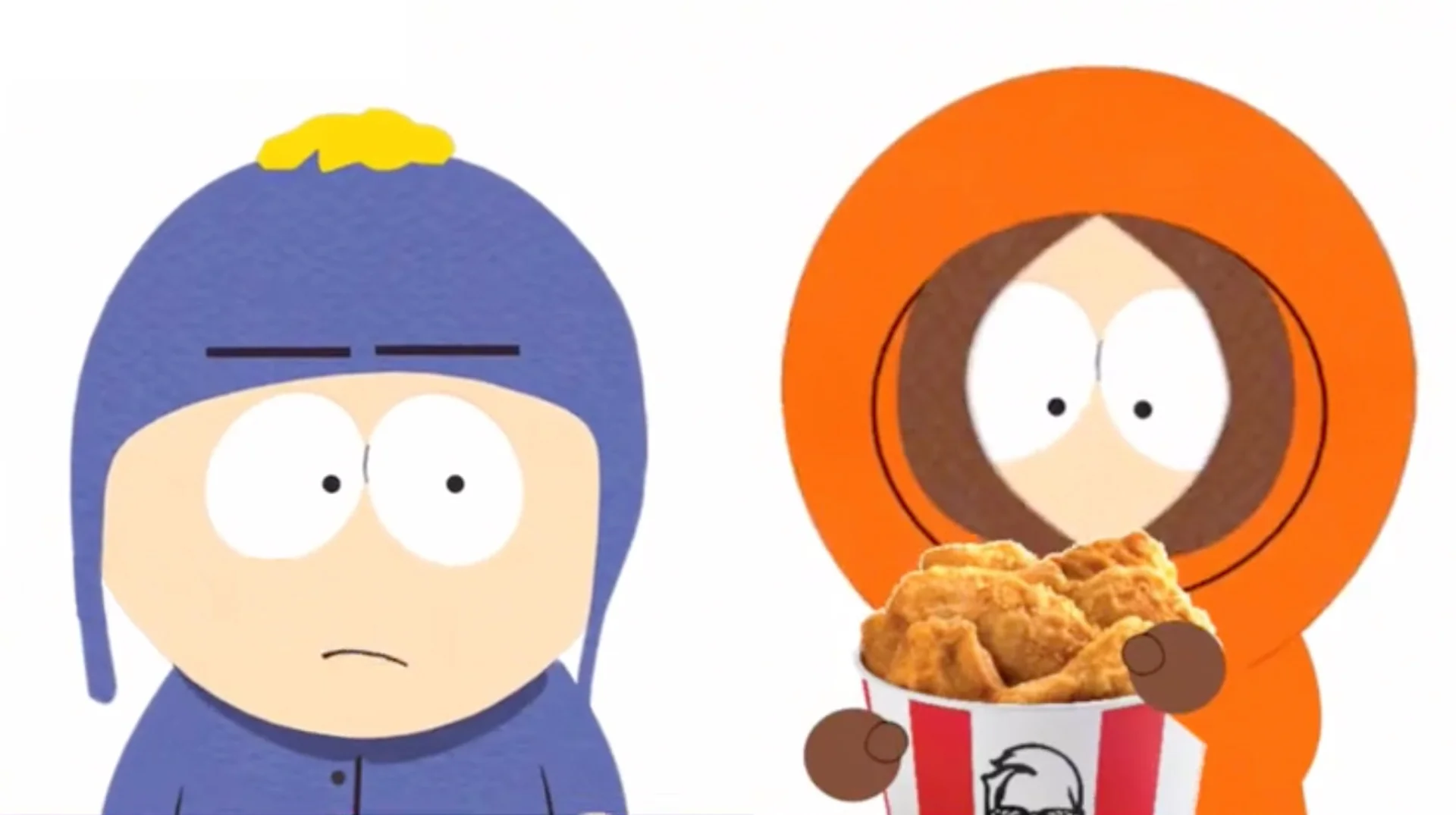 Stop Chewing So Fucking Loud Bruh Leave That Little Guy Alone — South Park characters Craig staring annoyed at Kenny holding a KFC bucket of fried chicken