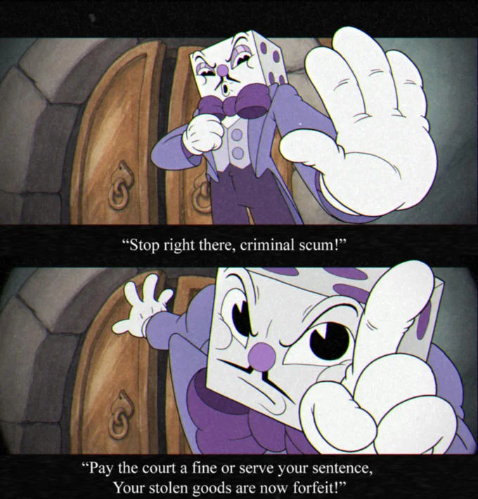 Stop Right There, Criminal Scum — Two-panel Cuphead crossover art of King Dice quoting the Oblivion guard's 'Stop right there criminal scum' line