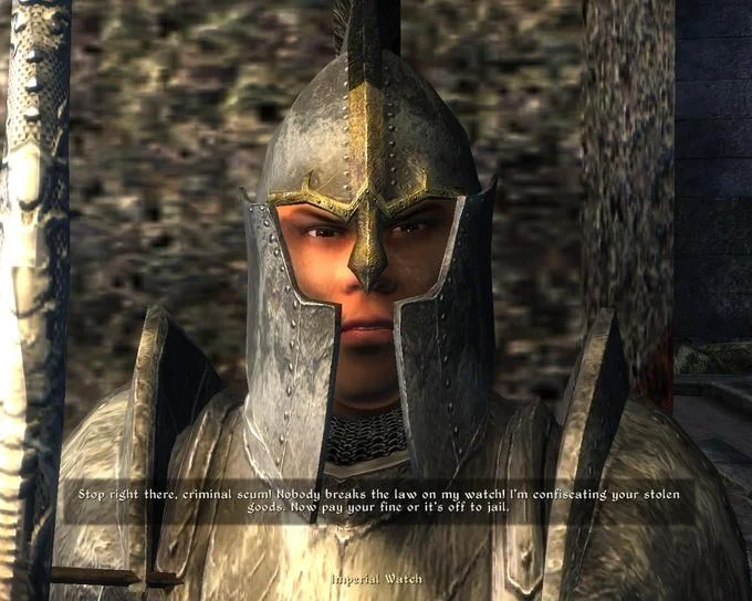 Oblivion Imperial Watch guard delivering the full 'Stop right there, criminal scum' subtitled dialogue