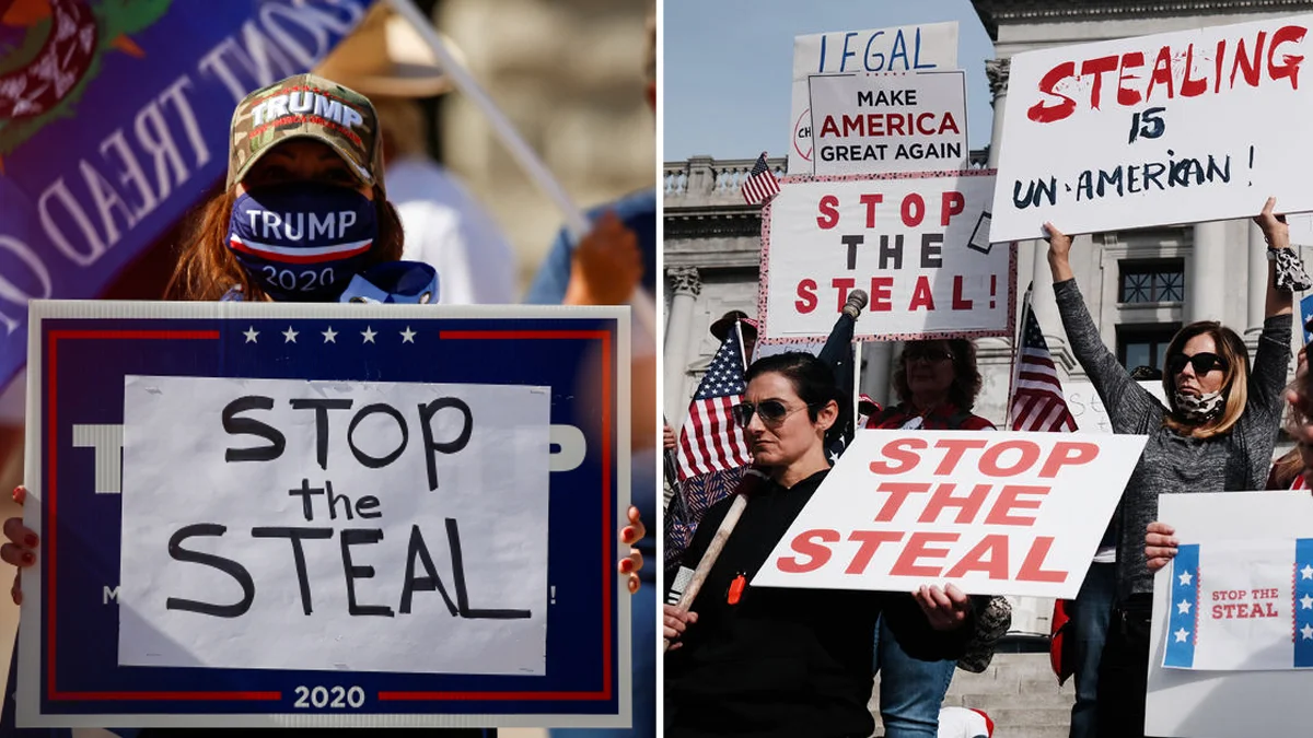 Trump supporters holding Stop the Steal protest signs at rallies