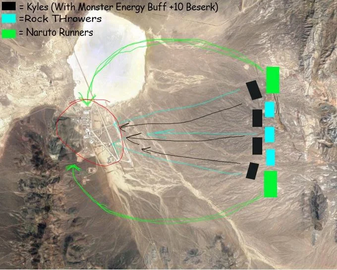 Storm Area 51 — Aerial map of Area 51 with colored strategic attack paths labeled Kyles, Rock Throwers, Naruto Runners.
