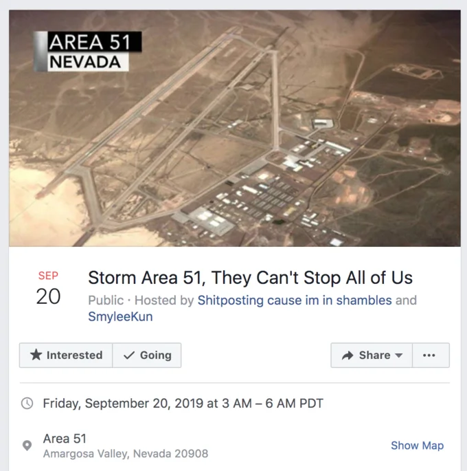 Screenshot of original Facebook event 'Storm Area 51, They Can't Stop All of Us' with aerial base photo.