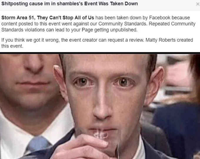 Storm Area 51 — Facebook notification screenshot stating event was removed for violating community standards.