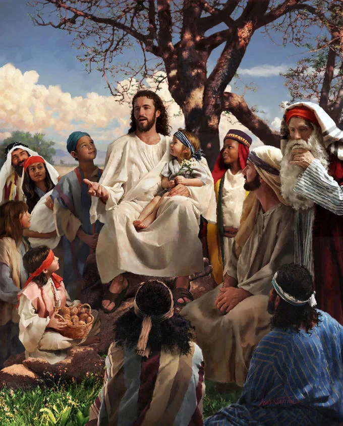 Story Time Jesus — Painting of Jesus holding a child and speaking to a gathered group of onlookers beneath a tree.