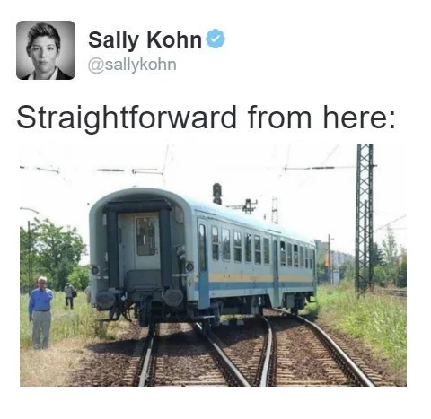 "Straightforward From Here" — Sally Kohn tweet reading 'Straightforward from here:' above a photo of a train derailing between two tracks
