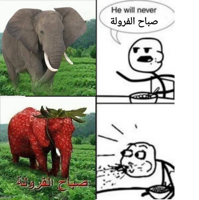 Four-panel Cereal Guy meme reacting with a spit-take to the strawberry elephant transformation.
