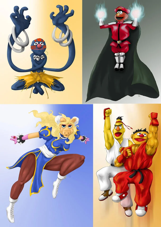 Street Fighter — Cartoon Wreck-It Ralph dressed as Ryu holding chibi Chun-Li