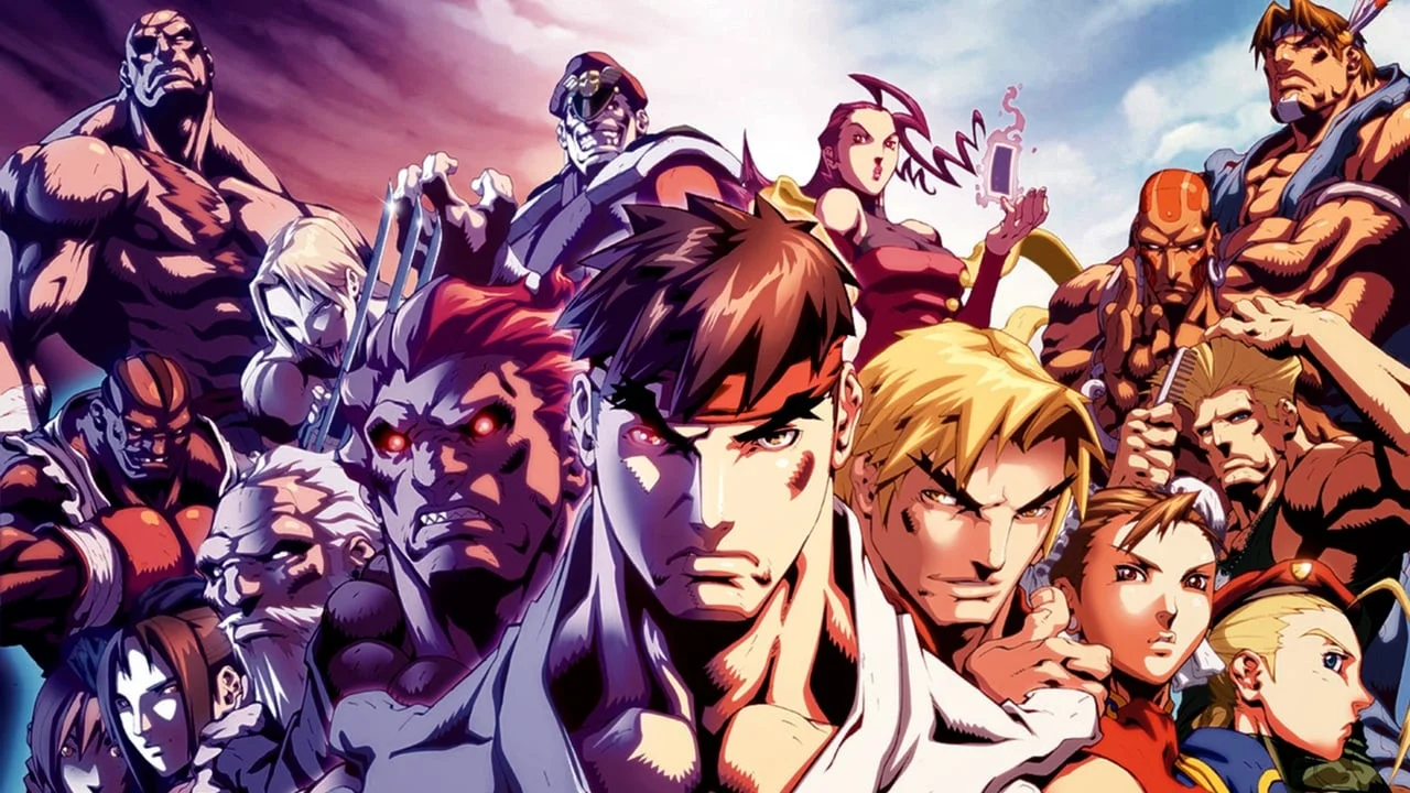 Group illustration of Street Fighter characters including Ryu, Ken, Chun-Li, Cammy and Akuma