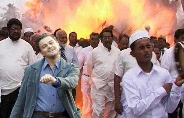Strutting Leo — Leonardo DiCaprio strutting composited into a crowd of men in white robes with flames behind