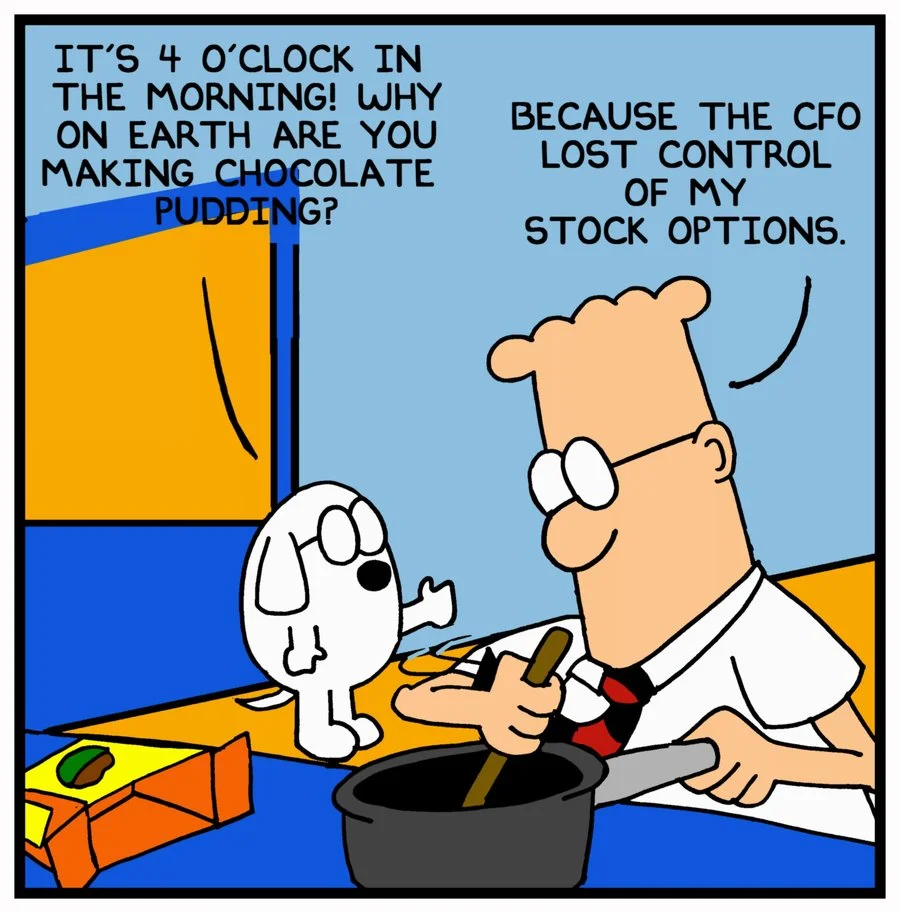 Stu Making Chocolate Pudding At 4 AM — Dilbert comic parody of the chocolate pudding meme with CFO stock options punchline