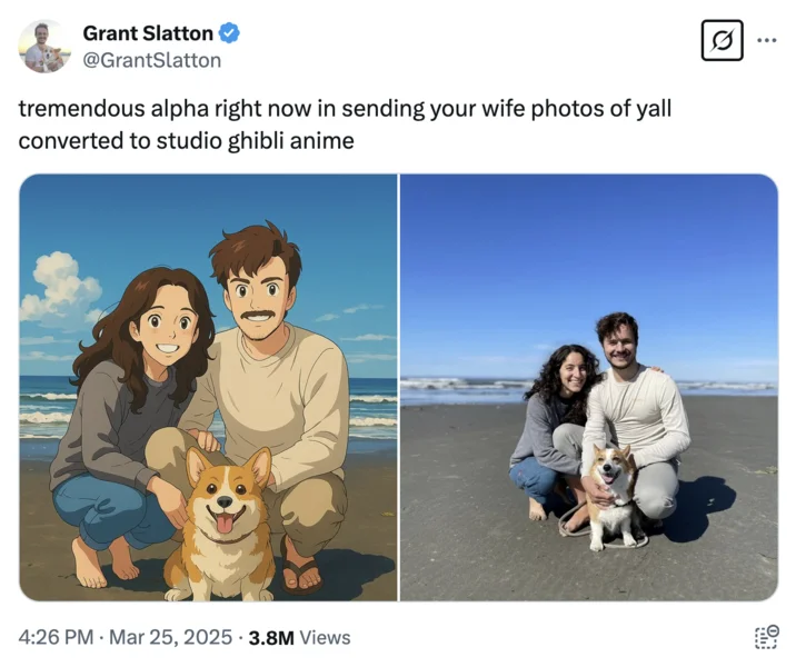 Studio Ghibli Ai Generator — Tweet showing couple with corgi photo converted to Studio Ghibli anime style