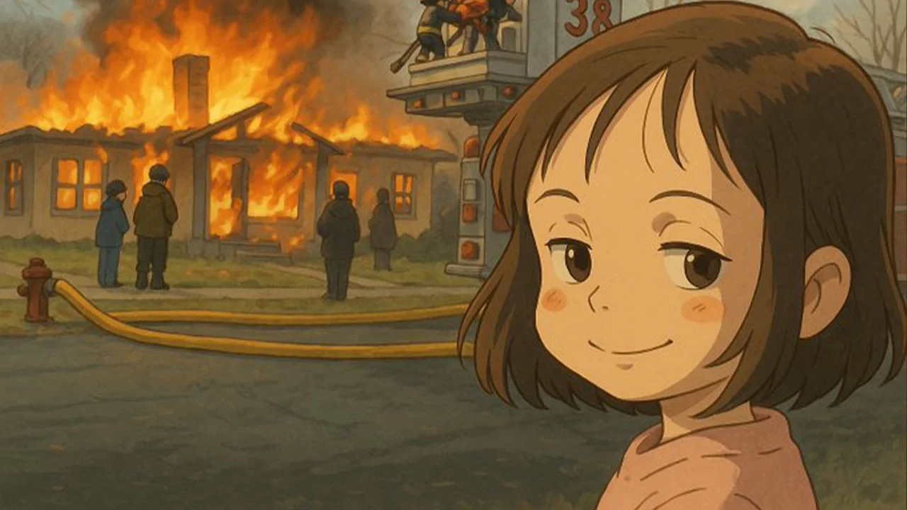 Studio Ghibli Ai Generator — Ghibli-style illustration of smiling girl in front of burning house, recreating the Disaster Girl meme