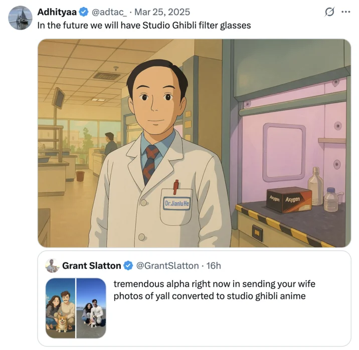 Studio Ghibli Ai Generator — Tweet about Studio Ghibli filter glasses showing person in Ghibli anime style