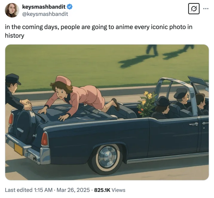 Studio Ghibli Ai Generator — Tweet predicting iconic photos will be converted to anime style with JFK image example