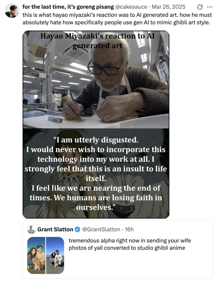 Studio Ghibli Ai Generator — Tweet showing Miyazaki's criticism of AI art alongside Ghibli AI trend post