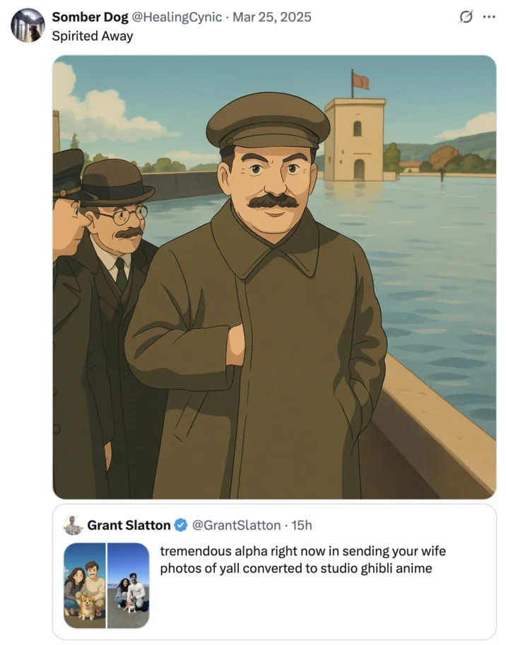 Studio Ghibli Ai Generator — Tweet showing Stalin converted to Ghibli anime style artwork