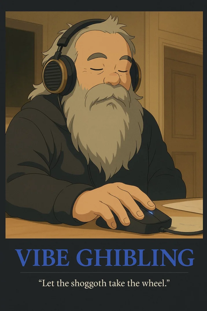 Studio Ghibli Ai Generator — Vibe Ghibling meme showing elderly man with headphones in Ghibli anime style
