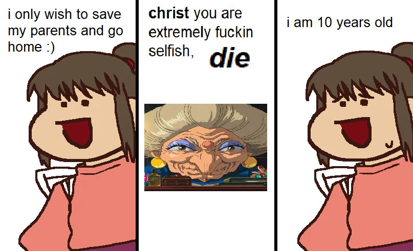 Studio Ghibli — Three panel Spirited Away Chihiro and Yubaba meme
