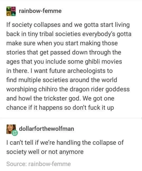 Studio Ghibli — Tumblr post about Ghibli movies becoming religious legends after society collapse