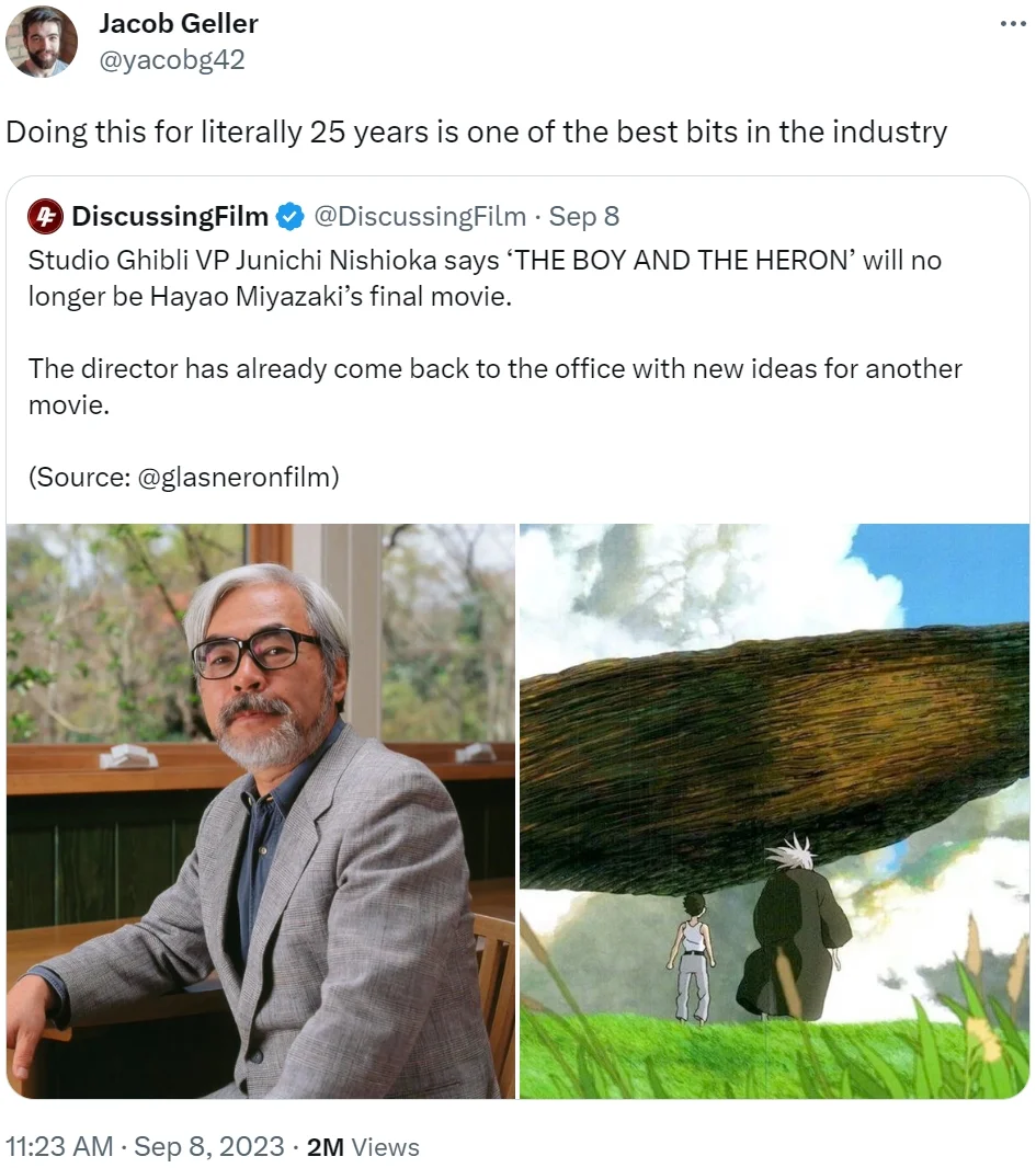 Studio Ghibli — Tweet about Miyazaki returning to work after The Boy and the Heron