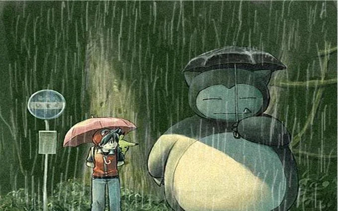 Studio Ghibli — Pokemon Snorlax redrawn into Totoro's bus stop scene in the rain