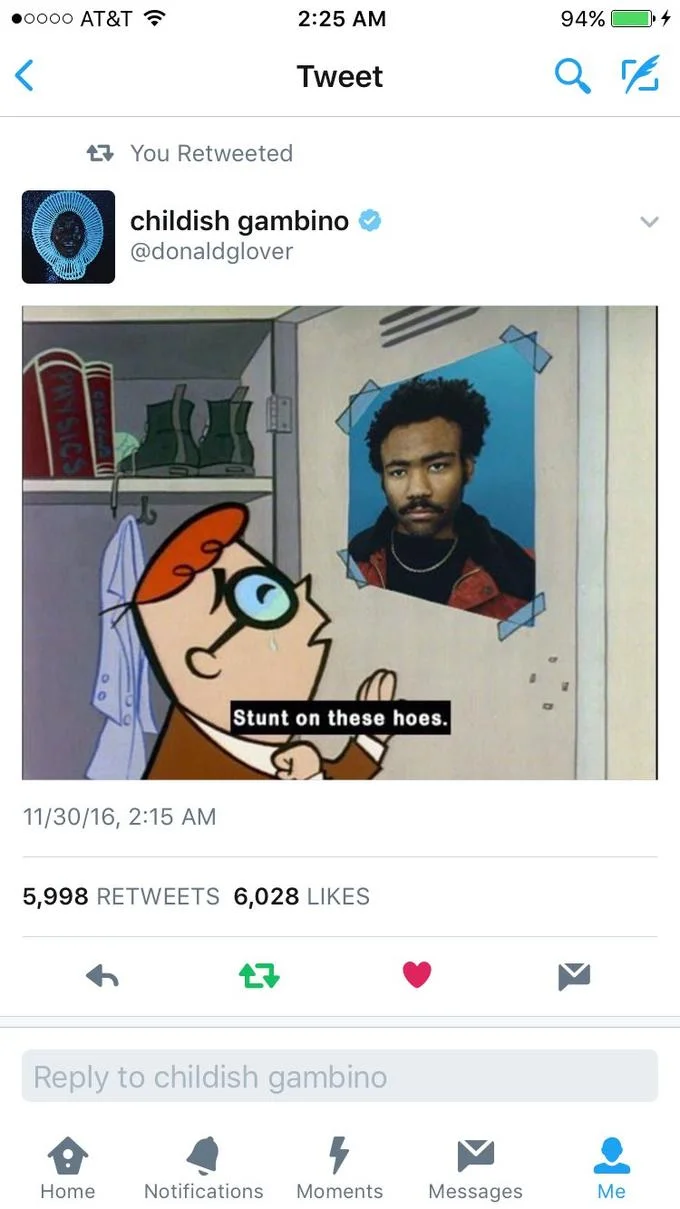Twitter screenshot of Childish Gambino posting the Stunt on these hoes meme