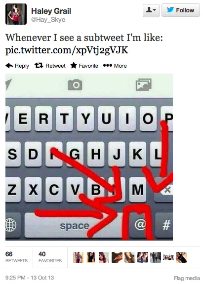 Tweet from Haley Grail showing red arrows on a keyboard pointing at the at symbol as a reaction to subtweets