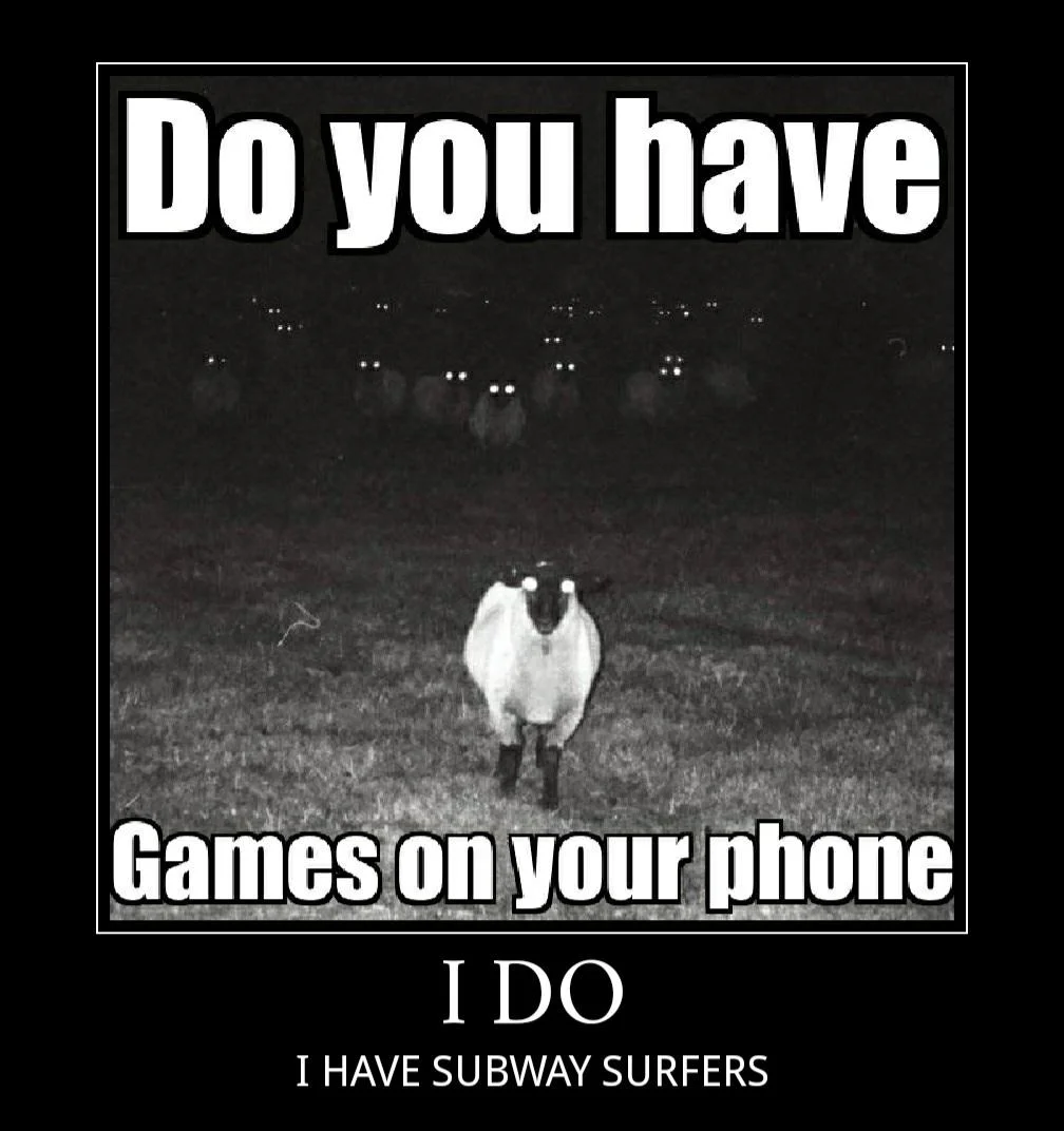 Demotivational-style sheep meme with Subway Surfers caption