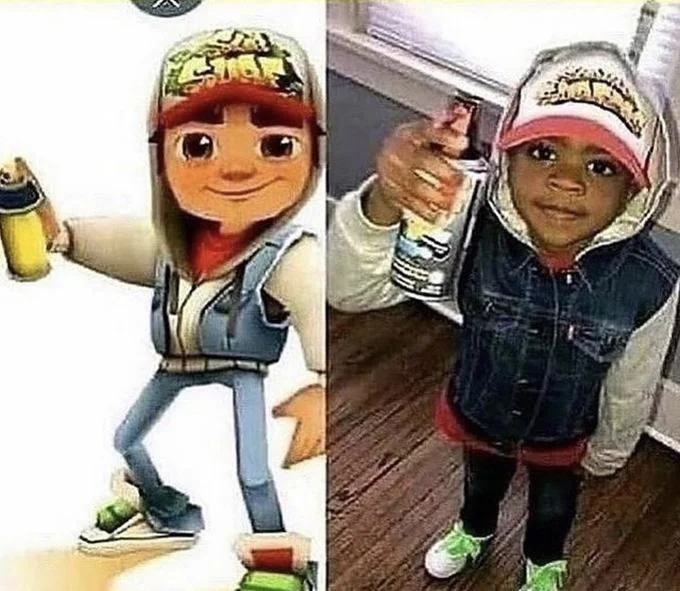 Side-by-side of Subway Surfers' Jake character and a toddler wearing matching outfit