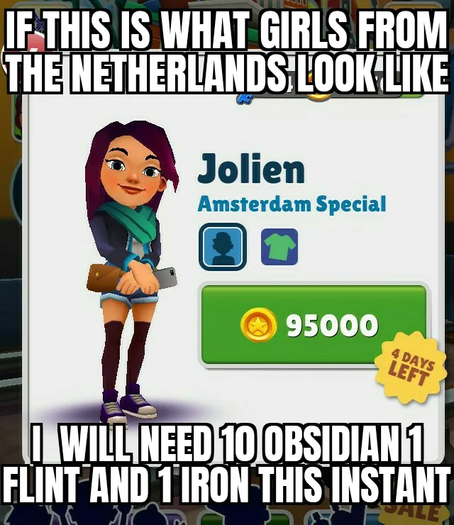 Subway Surfers Jolien Amsterdam character meme with Minecraft reference