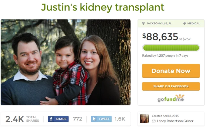 Success Kid — GoFundMe screenshot for Justin's kidney transplant campaign showing family photo and fundraising totals