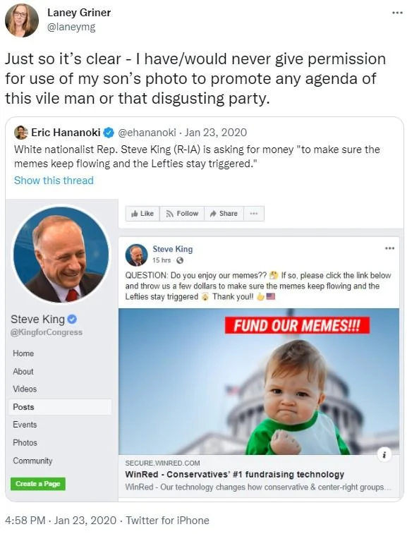 Twitter screenshot of Laney Griner condemning Steve King's use of the Success Kid image for political fundraising
