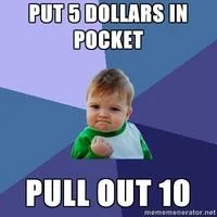 Success Kid celebrating discovering more money in pocket than expected.