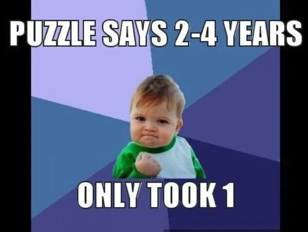 Success Kid celebrating completing a puzzle labeled for ages 2-4 in just one year.