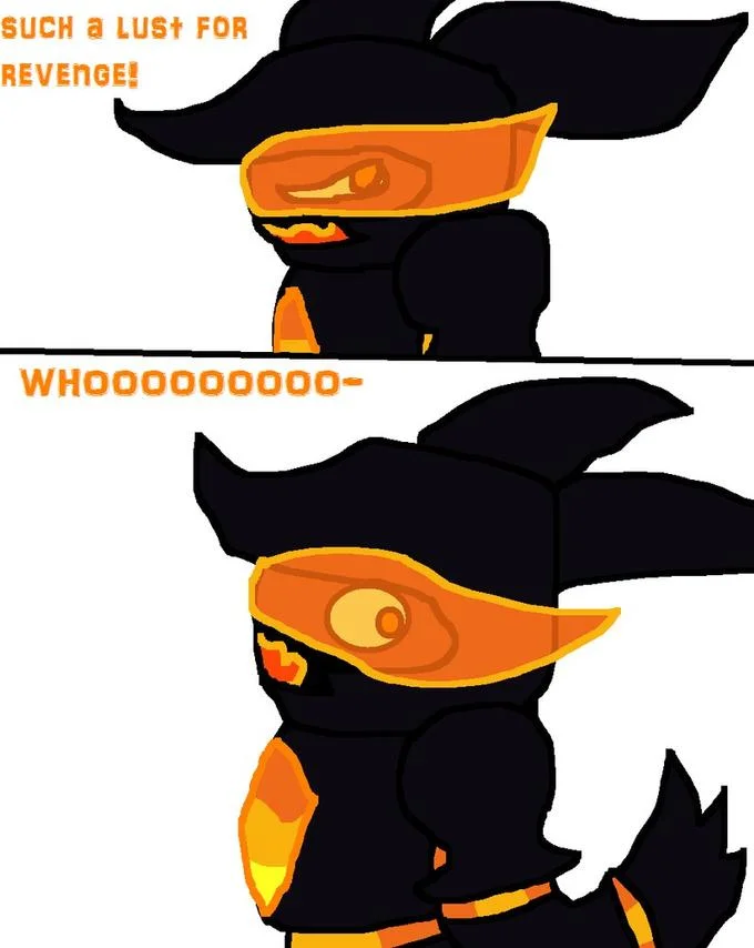 MS Paint drawing of a black creature with text Such a lust for revenge and Whoooo