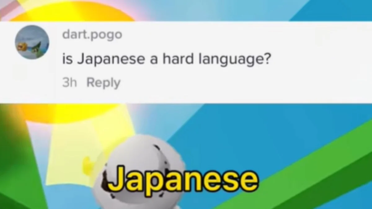 Sucky Tan Ducky Doo — TikTok comment 'is Japanese a hard language?' above a video still showing a white rounded character with the word 'Japanese' overlaid in