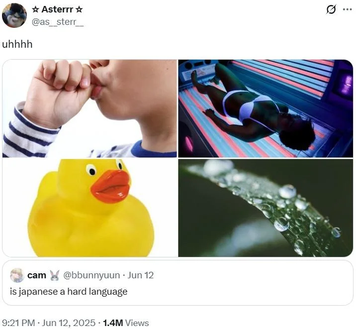 Sucky Tan Ducky Doo — Twitter post with a 2x2 grid showing a thumb-sucking child, a tanning bed, a rubber duck, and dew on grass, replying to the question 'is