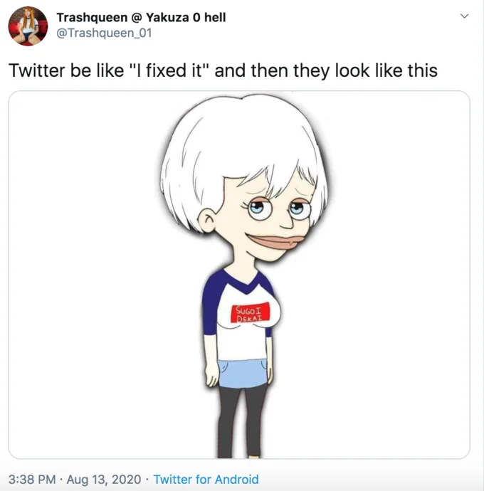 Tweet mocking Uzaki redesigns with a Big Mouth style redraw wearing the SUGOI DEKAI shirt.