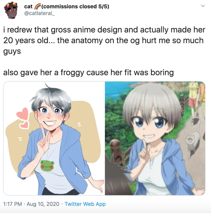 Sugoi Dekai — Twitter screenshot showing a redrawn version of Uzaki next to the original.