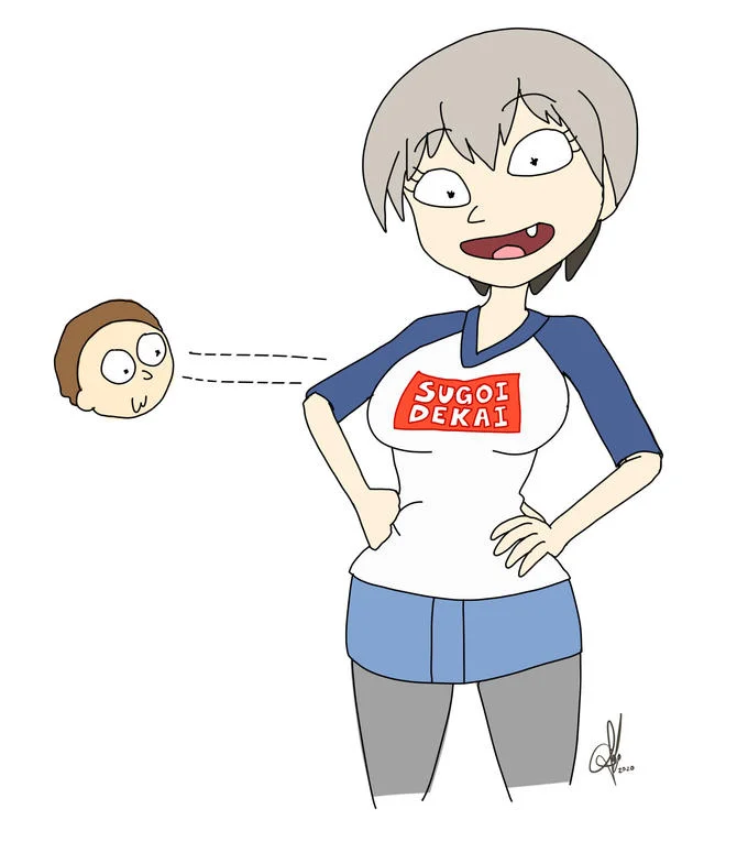 Fan art of Uzaki redrawn in Rick and Morty style wearing the SUGOI DEKAI shirt.