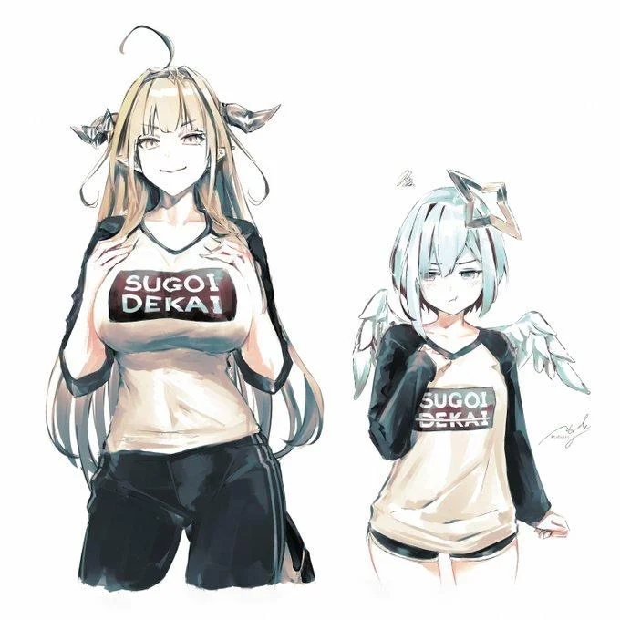 Fan art of two anime girls wearing SUGOI DEKAI raglan shirts.