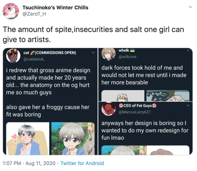 Sugoi Dekai — Twitter screenshot showing a compilation of Uzaki redraw tweets with commentary.
