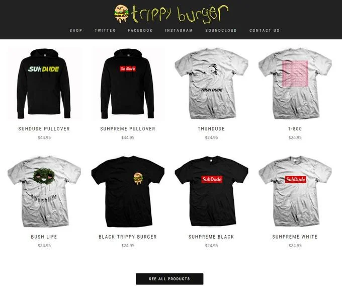 Screenshot of Trippy Burger store showing Suh Dude themed apparel including hoodies and t-shirts.
